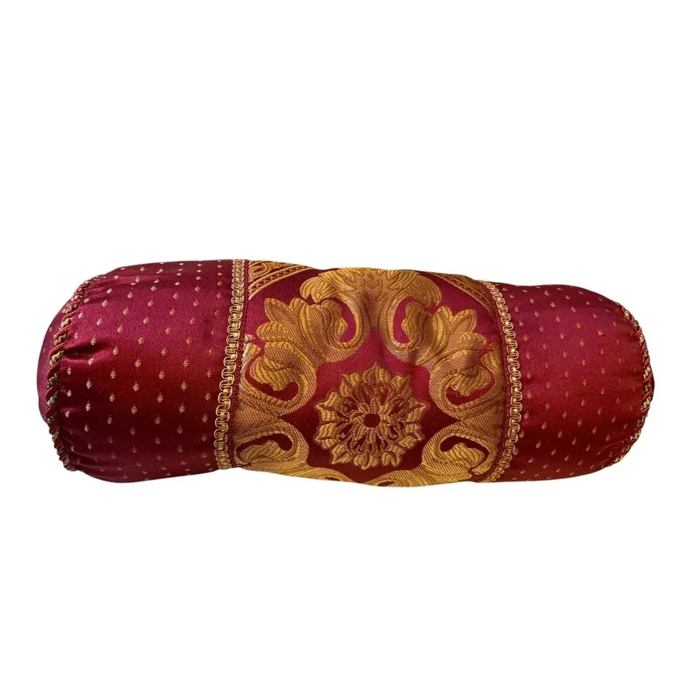 Decorative Bolster Pillow Gold Floral Rope Trim Accent 18